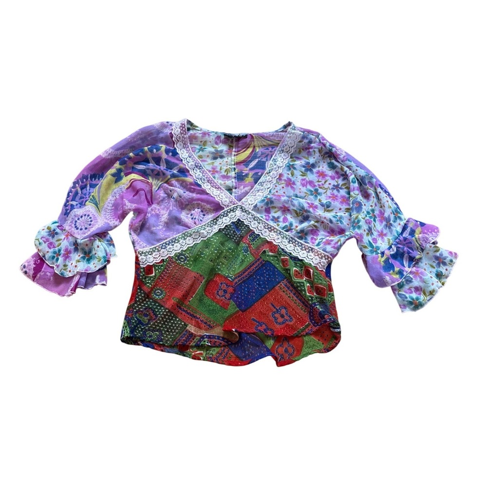 Lotus‎ Patchwork Top Womens Multicolor Boho Lace Ruffle Sleeve SIZE L